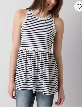 New: POL Striped Lace-Trim Back Zipper Babydoll Tank Top• Small